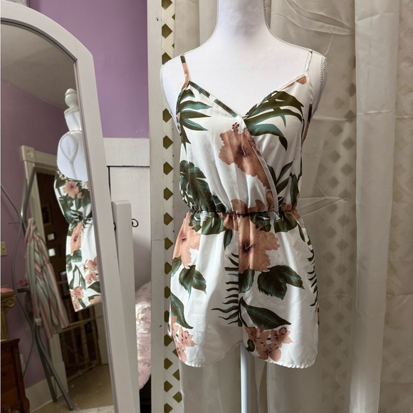 SHEIN Pants - SHEIN White Tropical Wrap Romper with Peach Floral Print